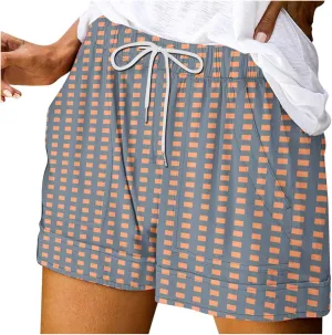 Womens Summer Casual Comfy Shorts Drawstring Elastic Waist Shorts Fashion Checkered Stripes Printed Shorts