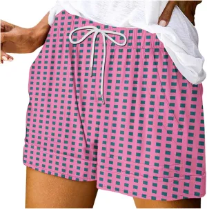 Womens Summer Casual Comfy Shorts Drawstring Elastic Waist Shorts Fashion Checkered Stripes Printed Shorts