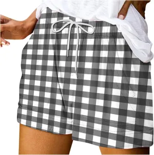 Womens Summer Casual Comfy Shorts Drawstring Elastic Waist Shorts Fashion Checkered Stripes Printed Shorts