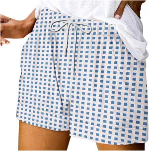 Womens Summer Casual Comfy Shorts Drawstring Elastic Waist Shorts Fashion Checkered Stripes Printed Shorts