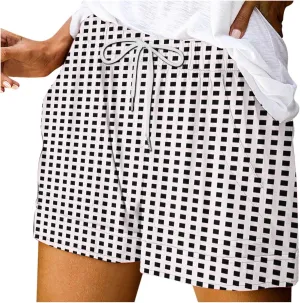 Womens Summer Casual Comfy Shorts Drawstring Elastic Waist Shorts Fashion Checkered Stripes Printed Shorts