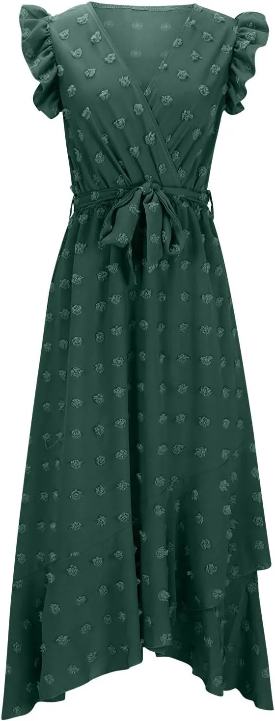 Womens Summer Dress 2025 V Neck Cap Sleeve Swiss Dots Boho Flowy Ruffle Slit Beach Long Maxi Cocktail Party Dresses