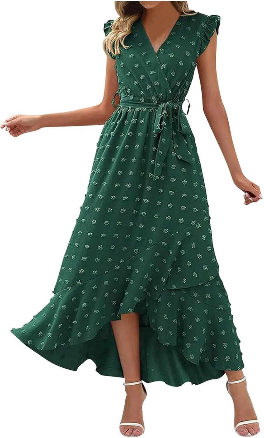 Womens Summer Dress 2025 V Neck Cap Sleeve Swiss Dots Boho Flowy Ruffle Slit Beach Long Maxi Cocktail Party Dresses