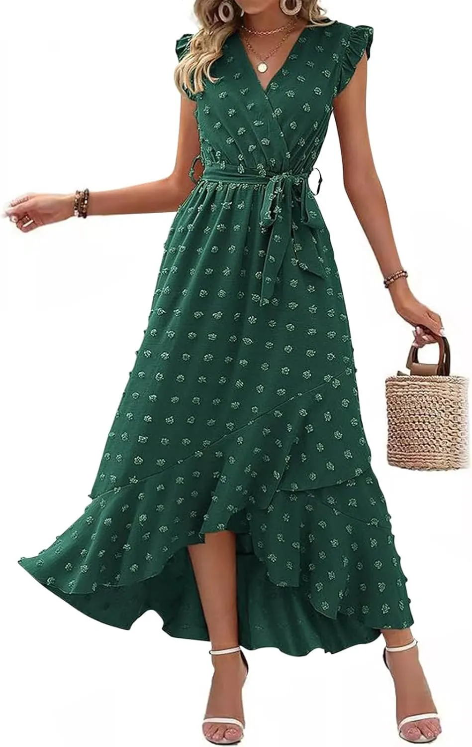 Womens Summer Dress 2025 V Neck Cap Sleeve Swiss Dots Boho Flowy Ruffle Slit Beach Long Maxi Cocktail Party Dresses