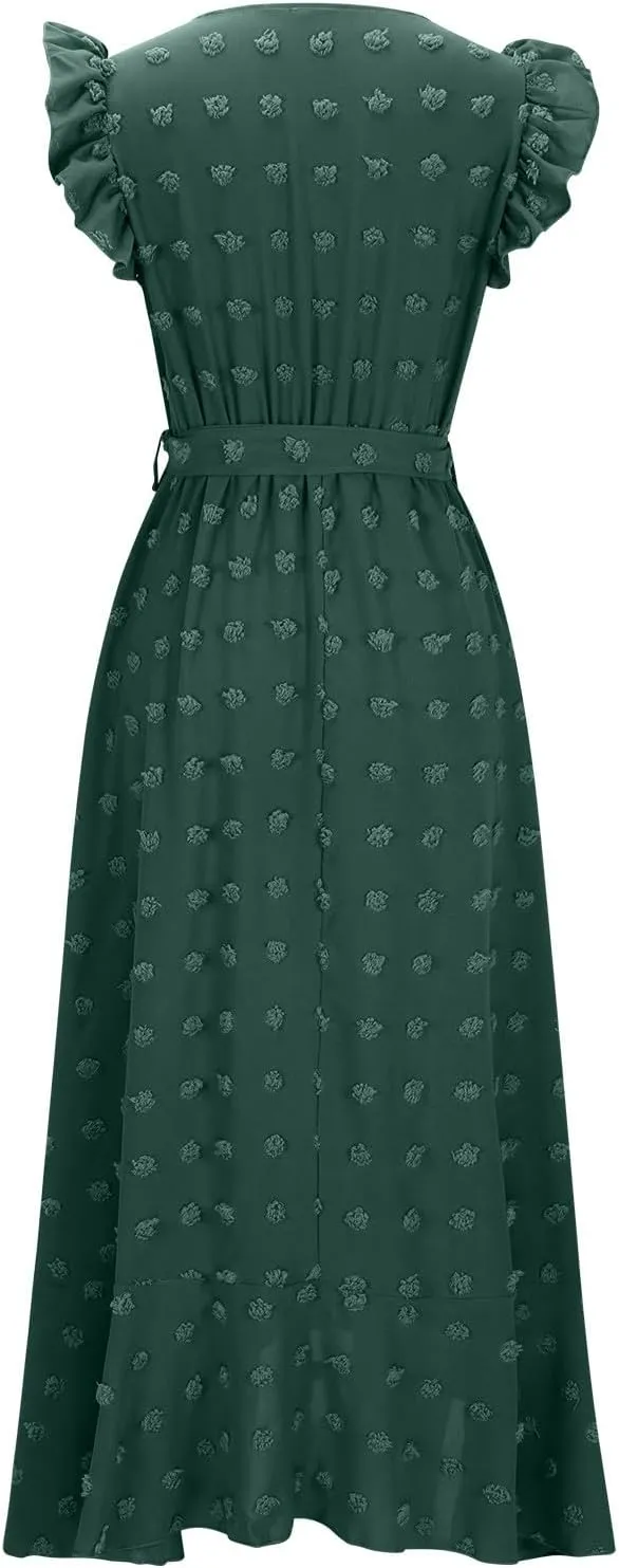 Womens Summer Dress 2025 V Neck Cap Sleeve Swiss Dots Boho Flowy Ruffle Slit Beach Long Maxi Cocktail Party Dresses