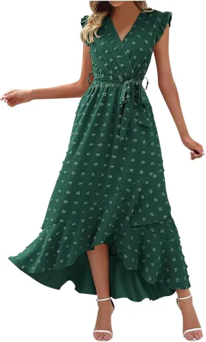 Womens Summer Dress 2025 V Neck Cap Sleeve Swiss Dots Boho Flowy Ruffle Slit Beach Long Maxi Cocktail Party Dresses