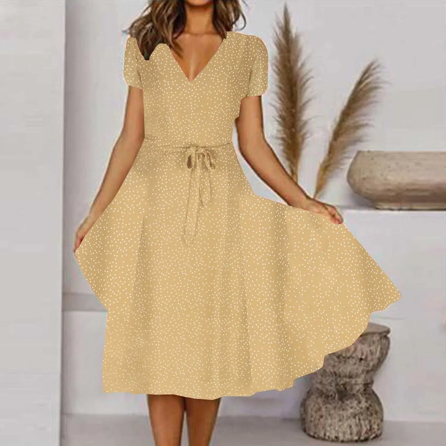 Women's Summer Wrap Dress V-Neck Lace Up Waist Beach Dresses Polka Dot Print Casual Short Sleeve Midi Dress