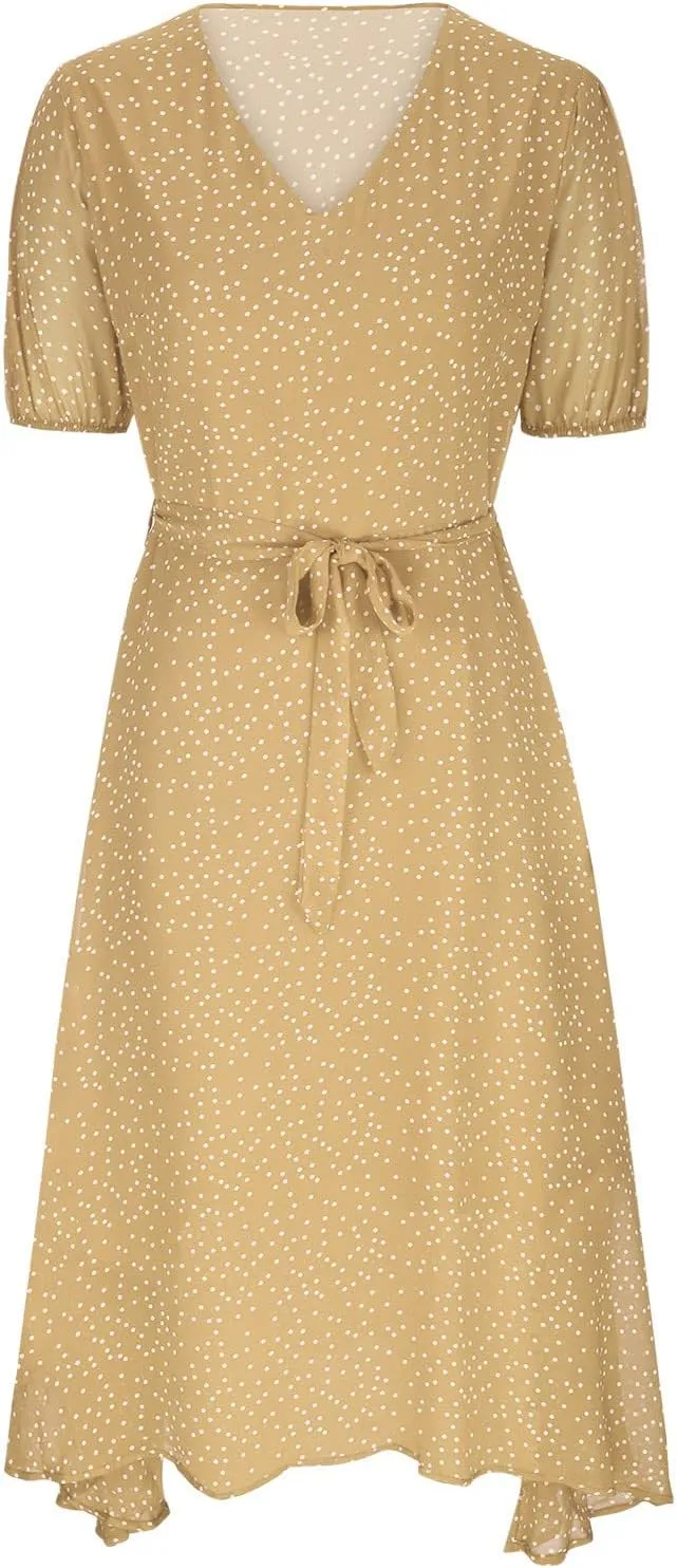 Women's Summer Wrap Dress V-Neck Lace Up Waist Beach Dresses Polka Dot Print Casual Short Sleeve Midi Dress