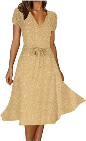 Women's Summer Wrap Dress V-Neck Lace Up Waist Beach Dresses Polka Dot Print Casual Short Sleeve Midi Dress
