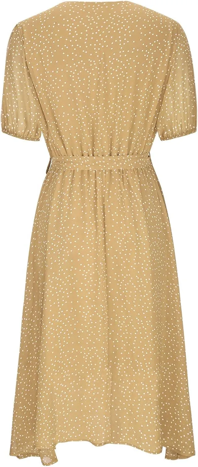 Women's Summer Wrap Dress V-Neck Lace Up Waist Beach Dresses Polka Dot Print Casual Short Sleeve Midi Dress