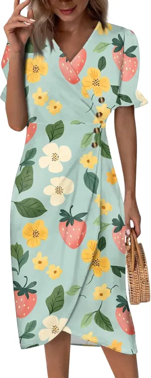 Women's Sun Dresses Summer V Neck Floral Wrap Elegant Boho,Flowy Ruched Hawaiian Casual Maxi Sundresses, S-2XL