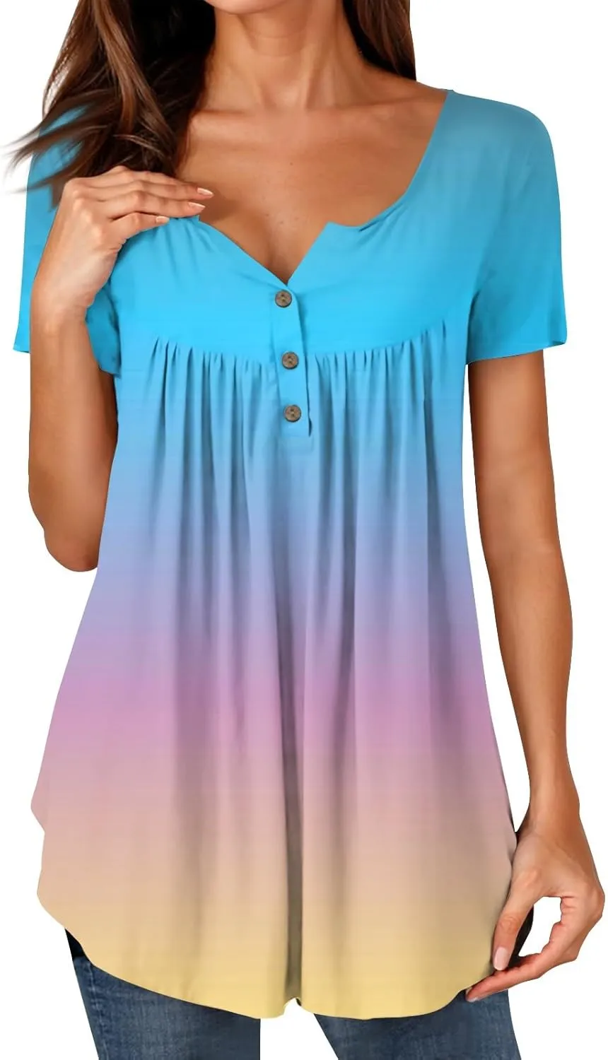 Womens Tops Short Sleeve V Neck T Shirts for Women Button Up Shirt Plus Size Blouse Basic Tees Spring Tops for Women 2025