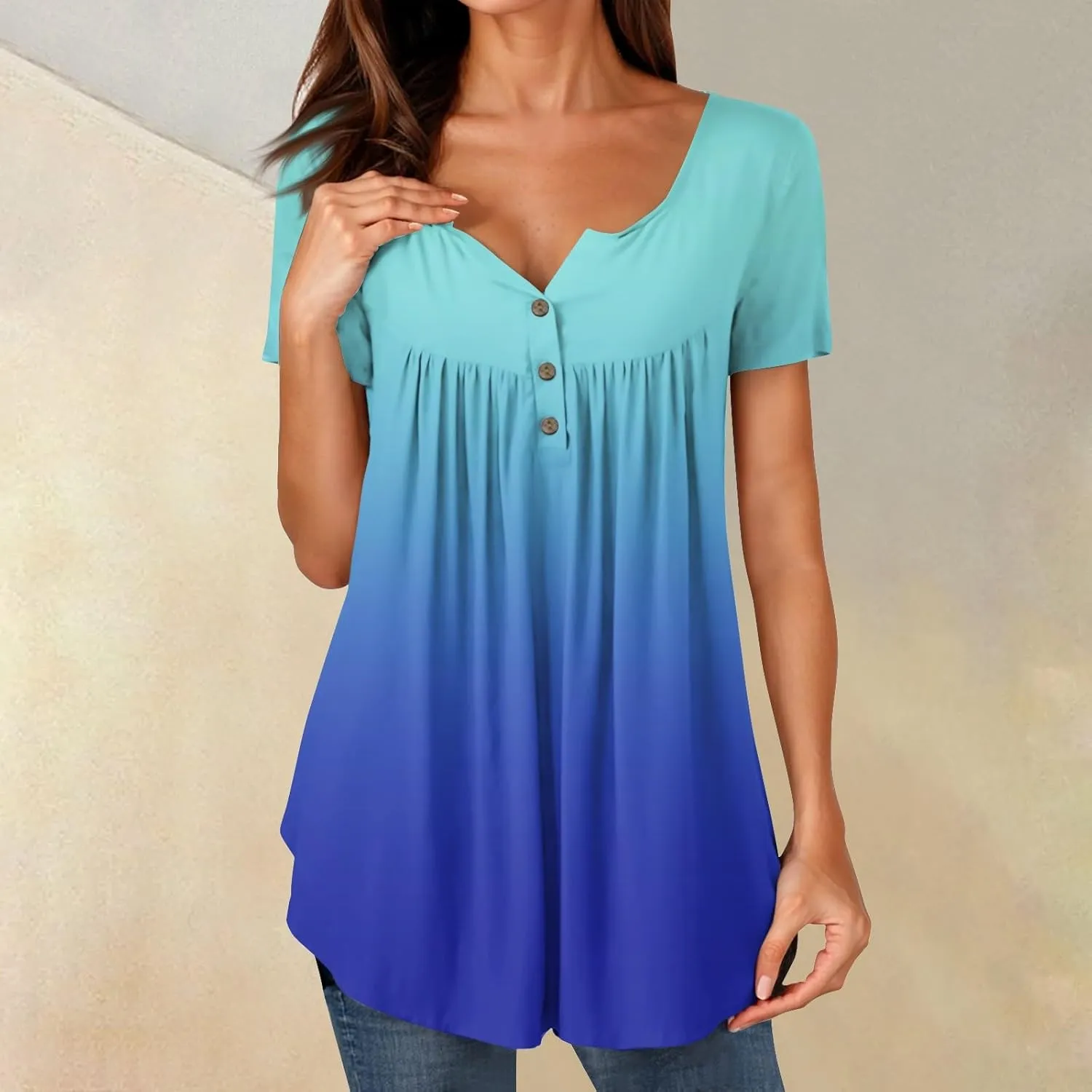 Womens Tops Short Sleeve V Neck T Shirts for Women Button Up Shirt Plus Size Blouse Basic Tees Spring Tops for Women 2025