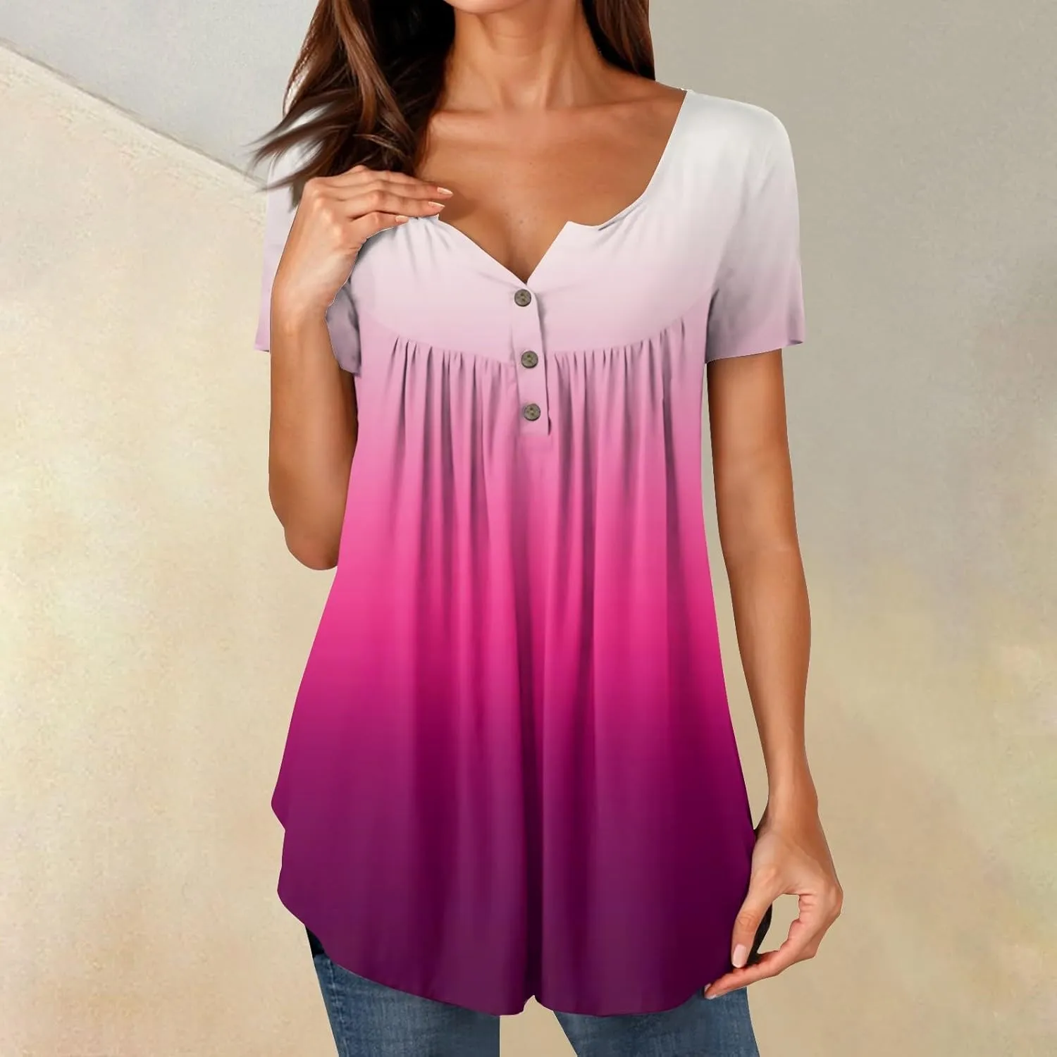 Womens Tops Short Sleeve V Neck T Shirts for Women Button Up Shirt Plus Size Blouse Basic Tees Spring Tops for Women 2025
