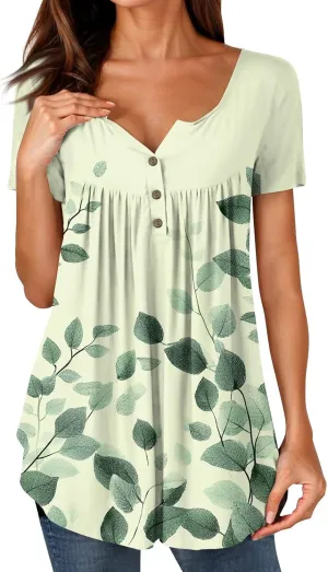 Womens Tops Short Sleeve V Neck T Shirts for Women Button Up Shirt Plus Size Blouse Basic Tees Spring Tops for Women 2025