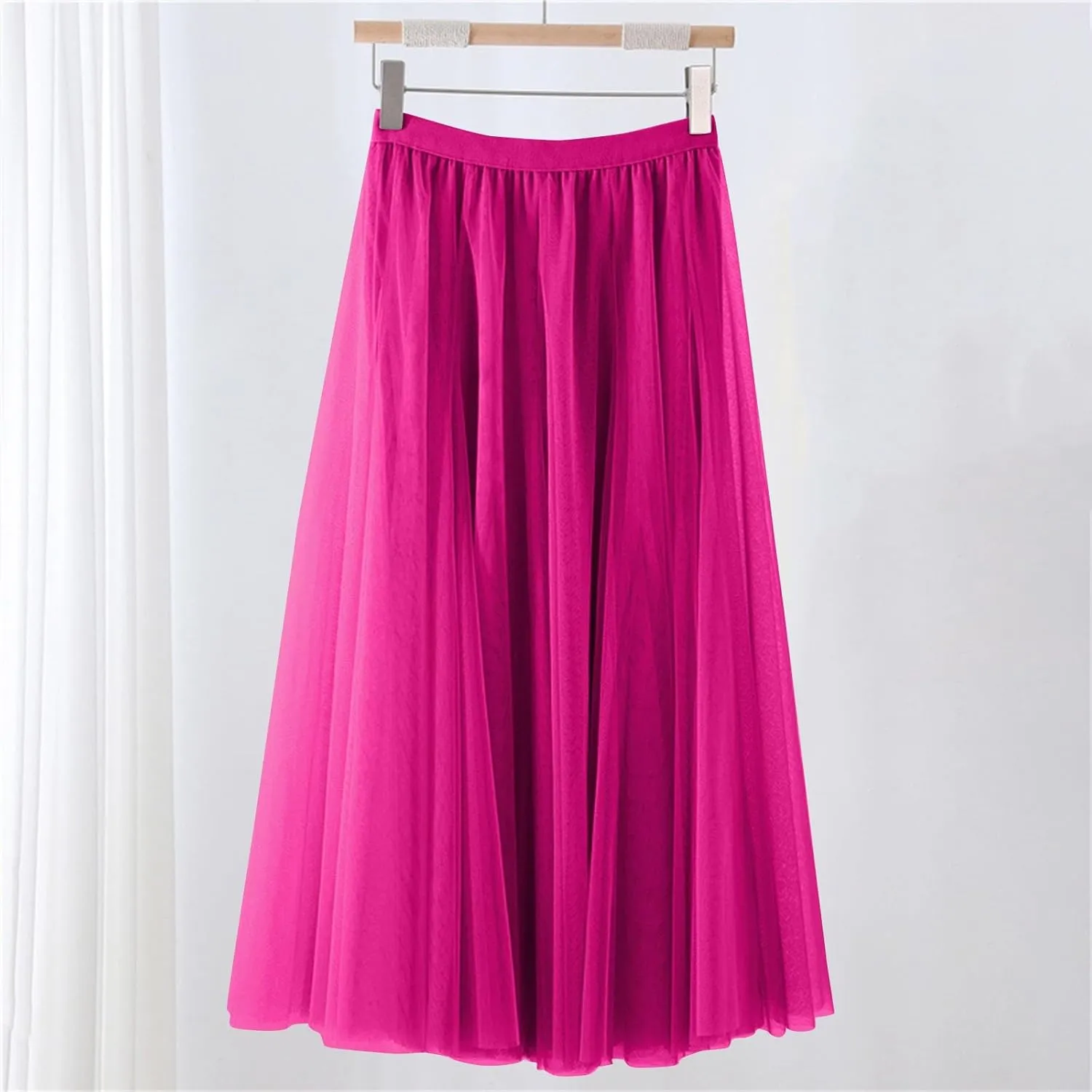 Women's Tulle Maxi Skirts Summer Party Solid Beach Elastic High Waist Pleated A-Line Flowy Swing Long Maxi Skirts