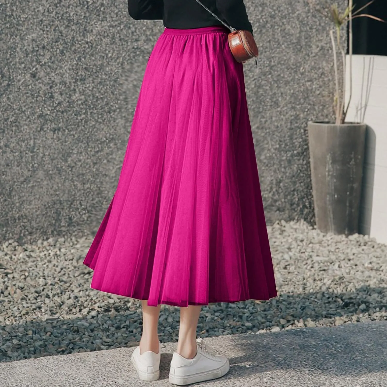 Women's Tulle Maxi Skirts Summer Party Solid Beach Elastic High Waist Pleated A-Line Flowy Swing Long Maxi Skirts