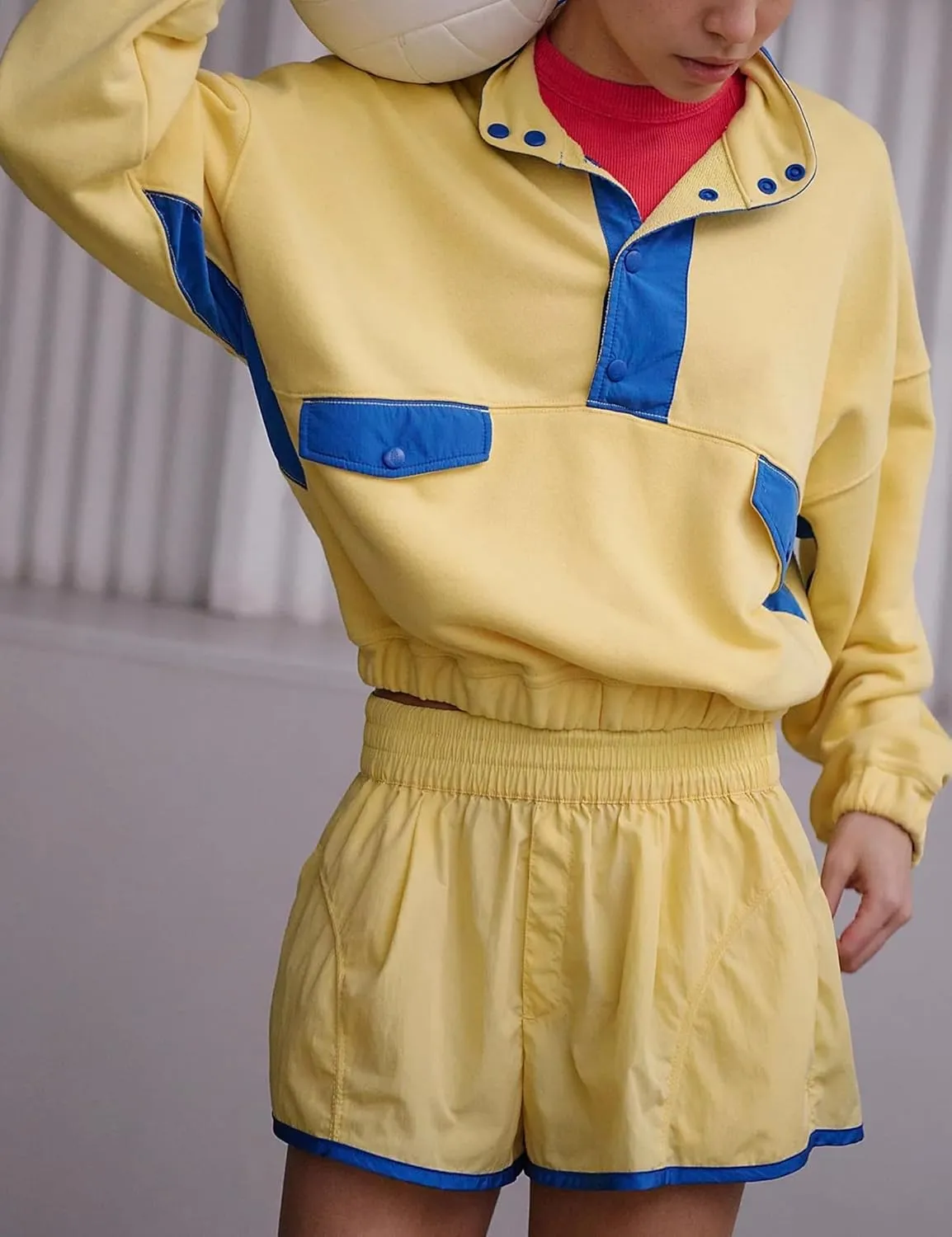Womens Workout Lounge Sets 2 Piece Outfits Long Sleeve Elastic Waist Shorts with Pockets Slouchy