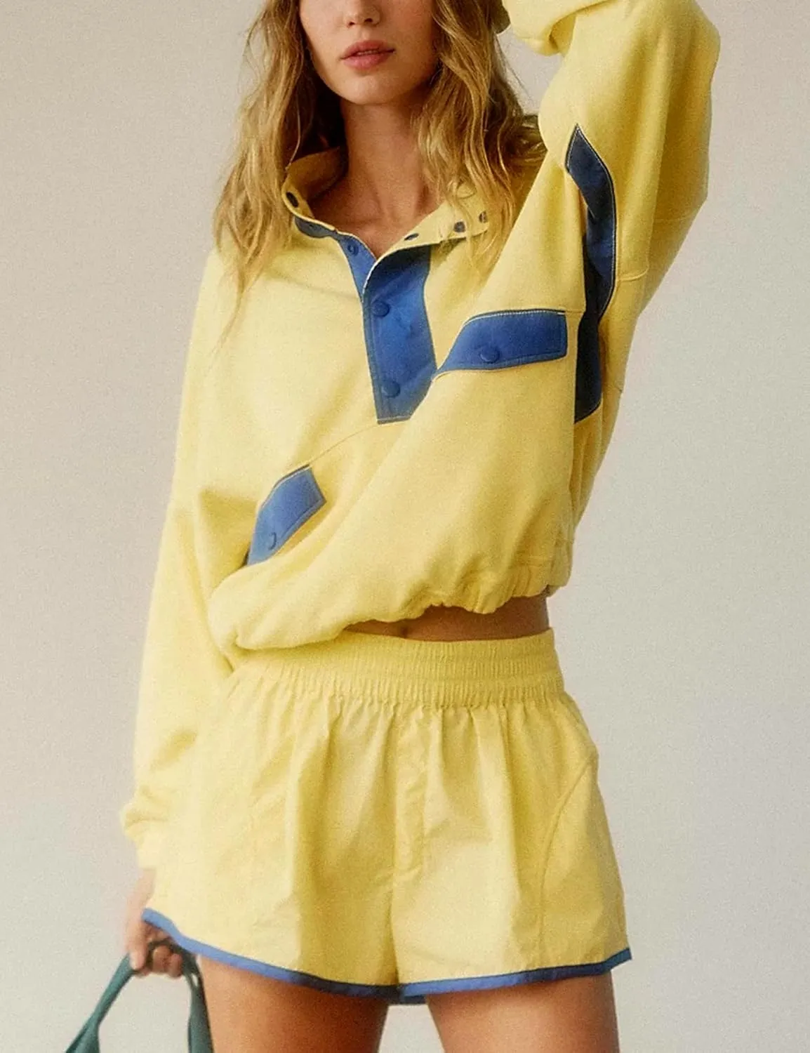 Womens Workout Lounge Sets 2 Piece Outfits Long Sleeve Elastic Waist Shorts with Pockets Slouchy