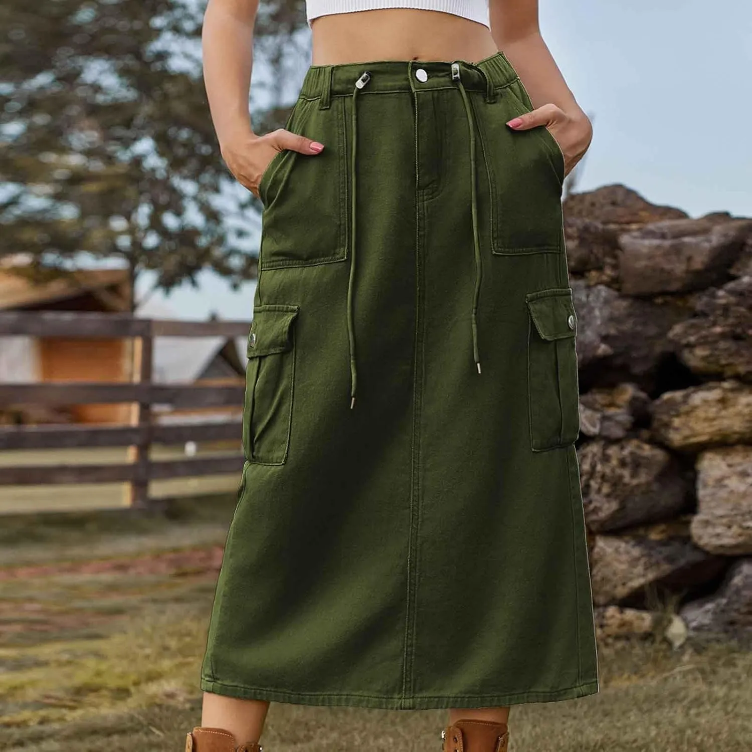 Women's Y2K Cargo Skirt High Waisted Adjustable Drawstring Casual A-Line Midi Long Skirt Teen Girls Summer Skirt 2025
