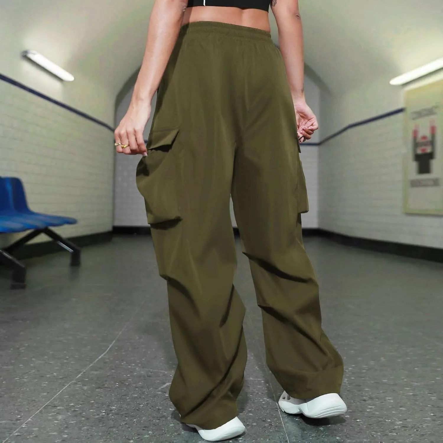 Women's Y2k Trousers Casual Loose Outdoor Cargo Pants Straight Leg Overalls Elastic High Waisted Baggy Jogger Workout Pants