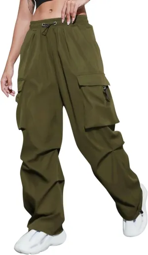 Women's Y2k Trousers Casual Loose Outdoor Cargo Pants Straight Leg Overalls Elastic High Waisted Baggy Jogger Workout Pants