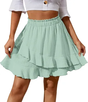 XOWRTE Women's Shirred Elastic High Waist Tiered Layer Ruffle Hem A Line Mini Skirt Flowy Flared Short Skirts Asymmetrical