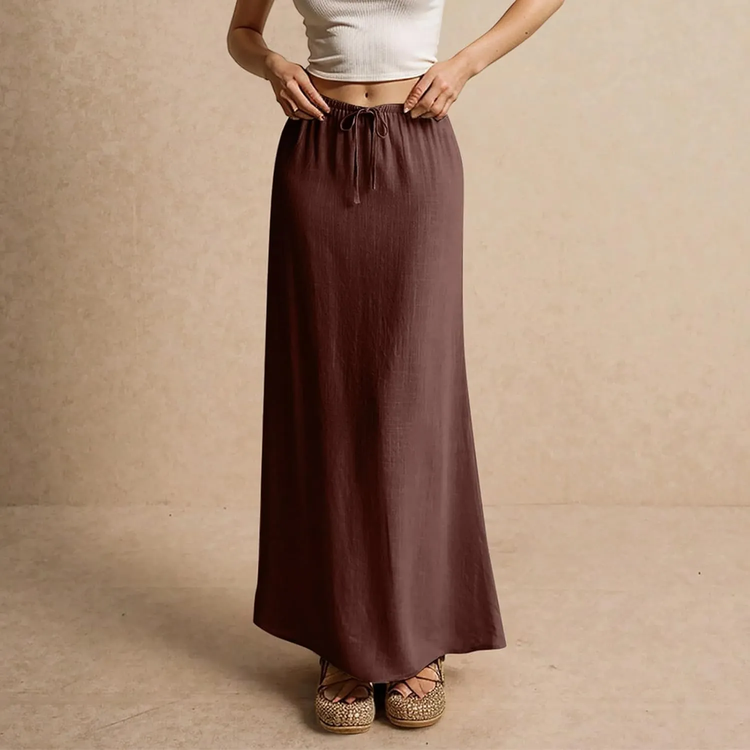 ZWRXW Linen Maxi Skirts for Women Cotton Linen Skirt Elastic Waist Drawstring Waist A Line Skirts Flowy Ankle-Length Skirt