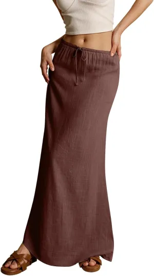 ZWRXW Linen Maxi Skirts for Women Cotton Linen Skirt Elastic Waist Drawstring Waist A Line Skirts Flowy Ankle-Length Skirt