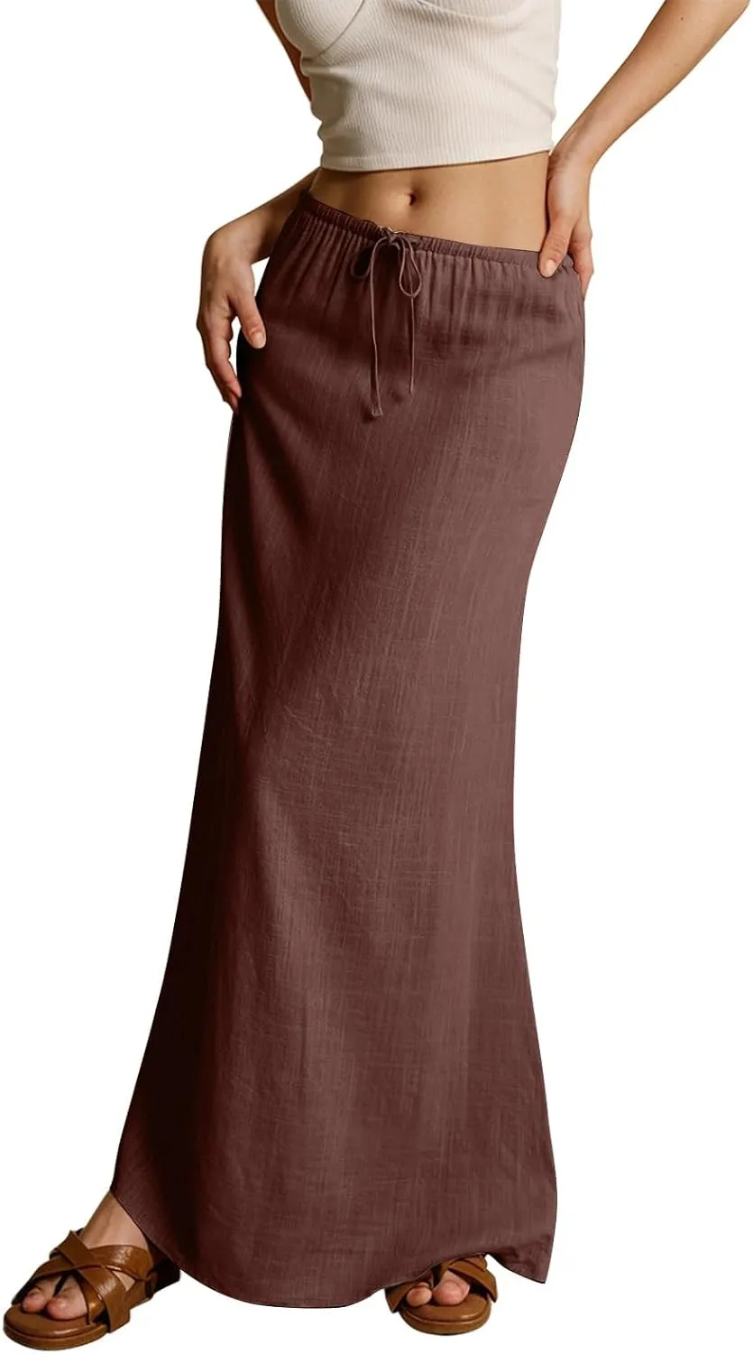 ZWRXW Linen Maxi Skirts for Women Cotton Linen Skirt Elastic Waist Drawstring Waist A Line Skirts Flowy Ankle-Length Skirt