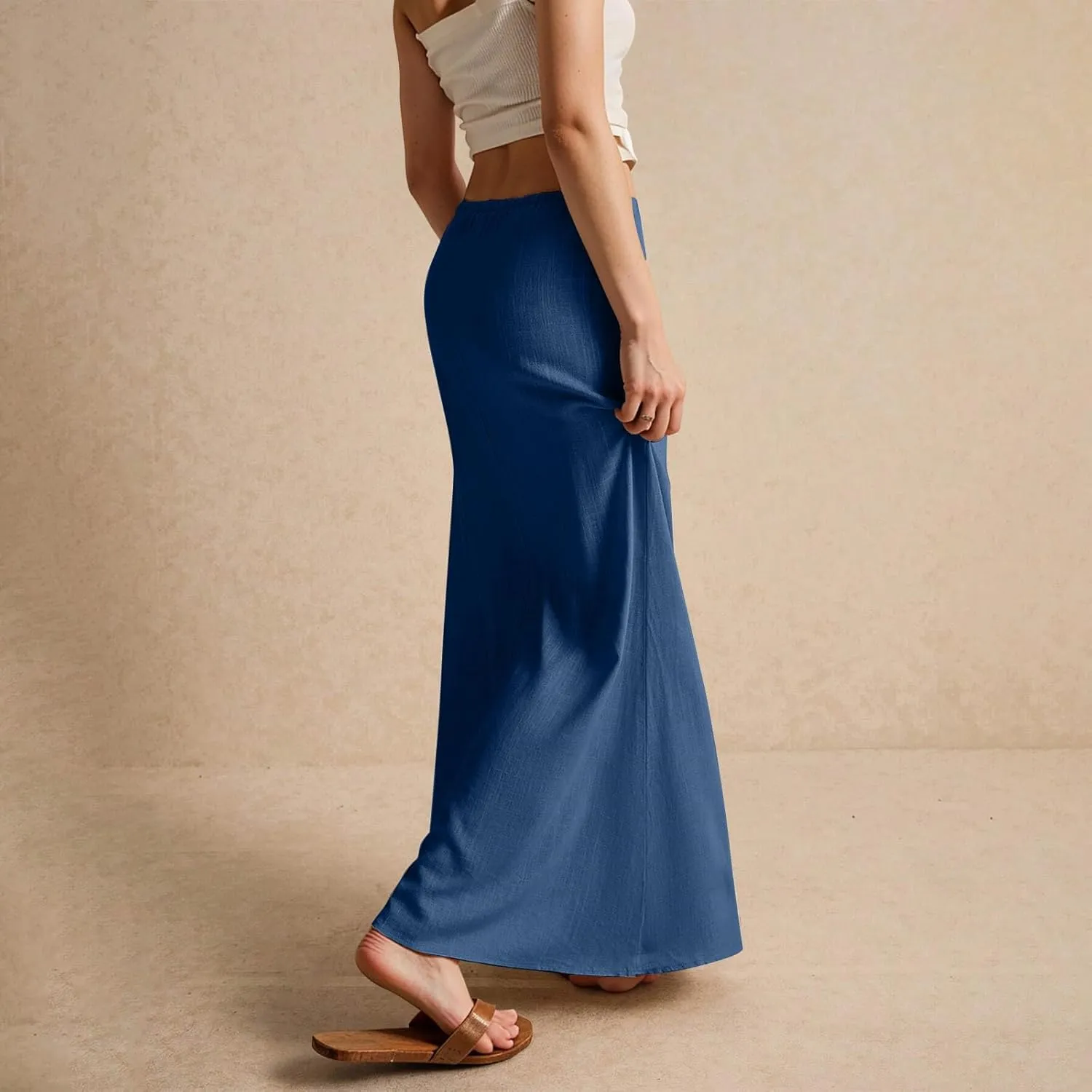ZWRXW Linen Maxi Skirts for Women Cotton Linen Skirt Elastic Waist Drawstring Waist A Line Skirts Flowy Ankle-Length Skirt